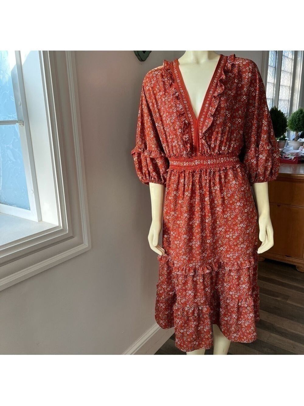 Nwt Max Studio Women's 3/4 Sleeve Ruffle Tiered Crepe Midi Dress Terra Floral L